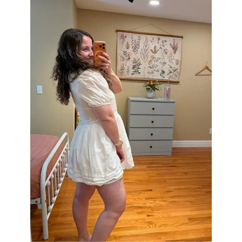 Tuckernuck English Factory Cotton White Puff-Sleeve V-Neck Mini Dress Medium
